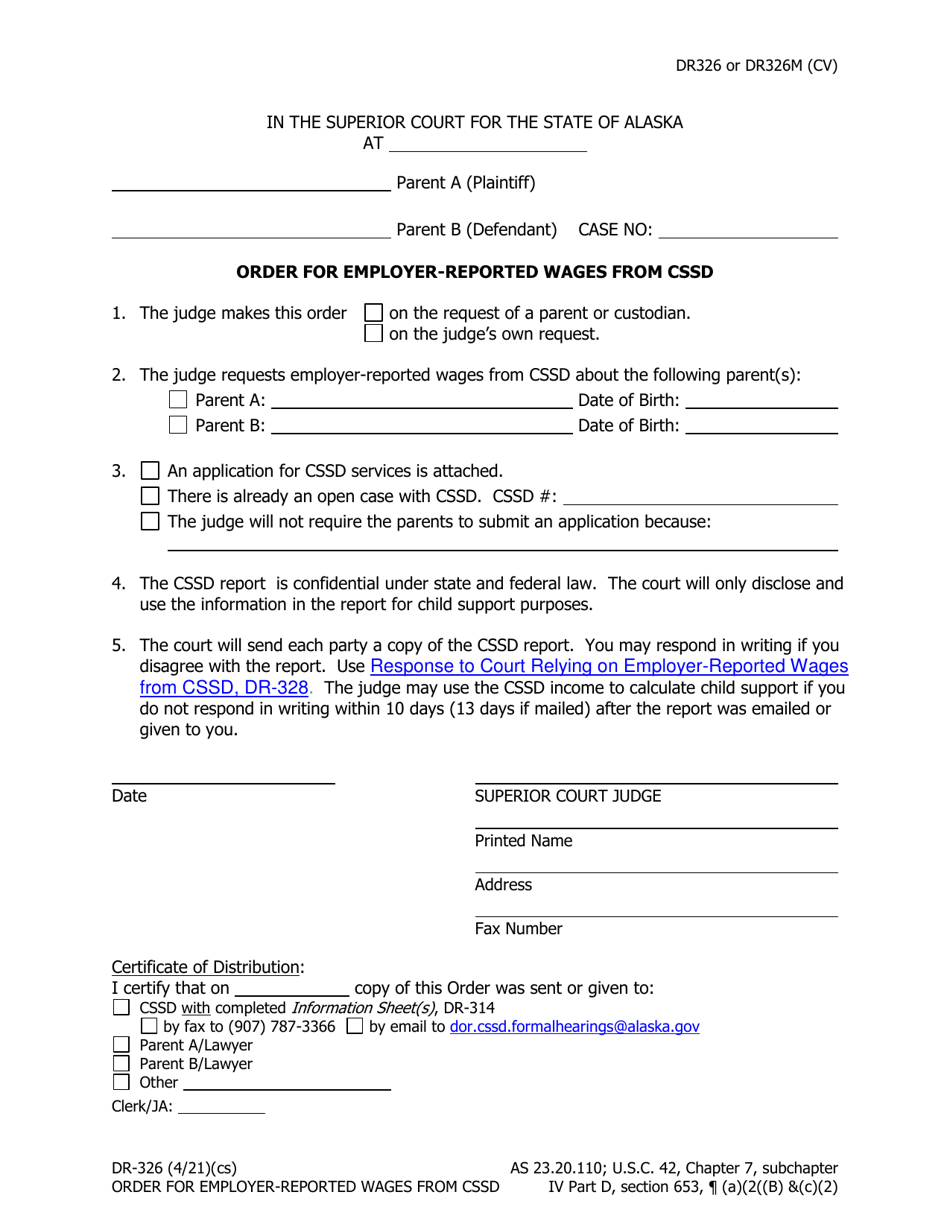 Form DR-326 Order for Employer-Reported Wages From Cssd - Alaska, Page 1