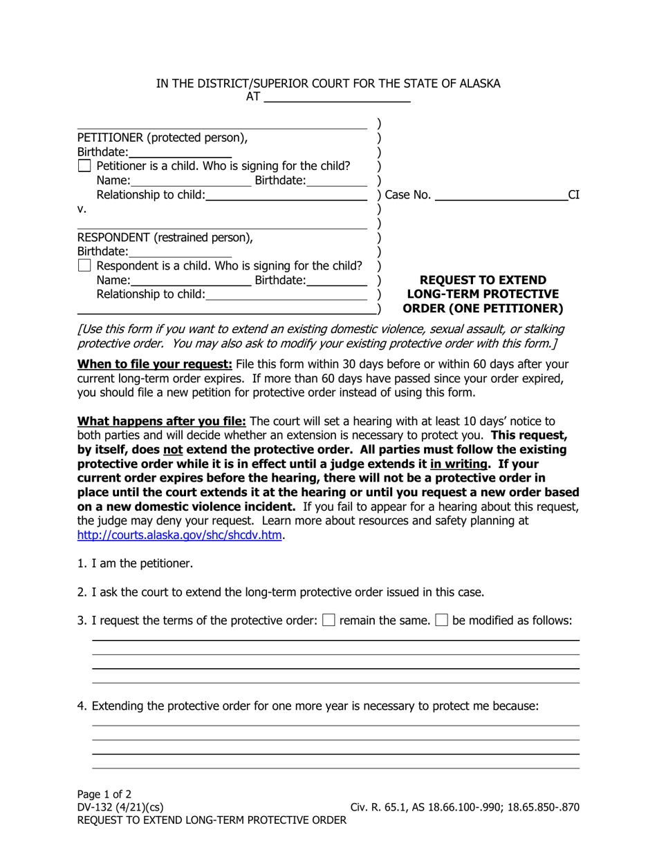 Form DV-132 Request to Extend Long-Term Protective Order (One Petitioner) - Alaska, Page 1