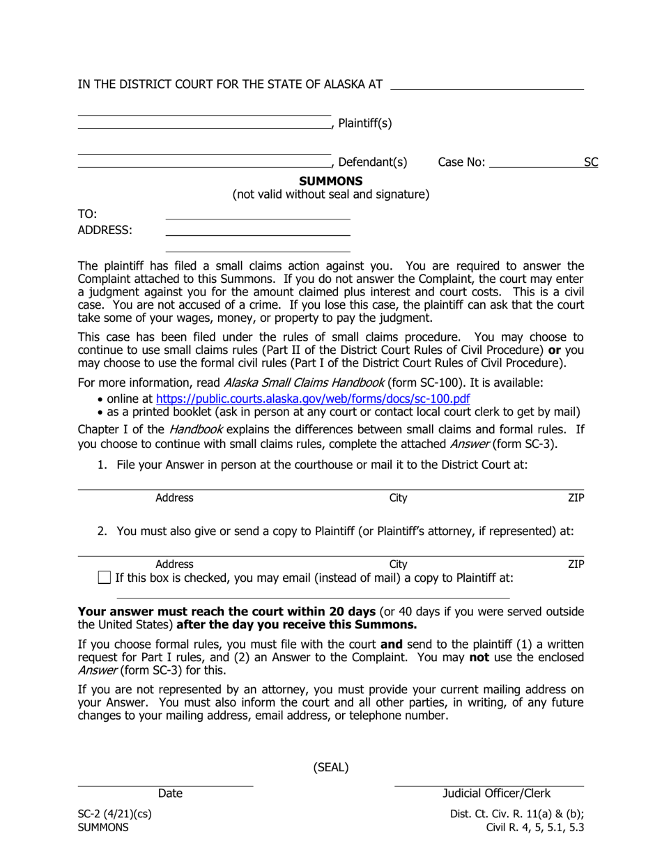 Form Sc-2 Download Fillable Pdf Or Fill Online Summons, Alaska 2005 