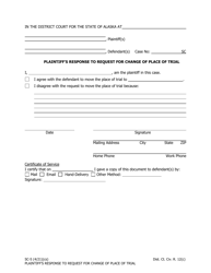 Document preview: Form SC-5 Plaintiff's Response to Request for Change of Place of Trial - Alaska