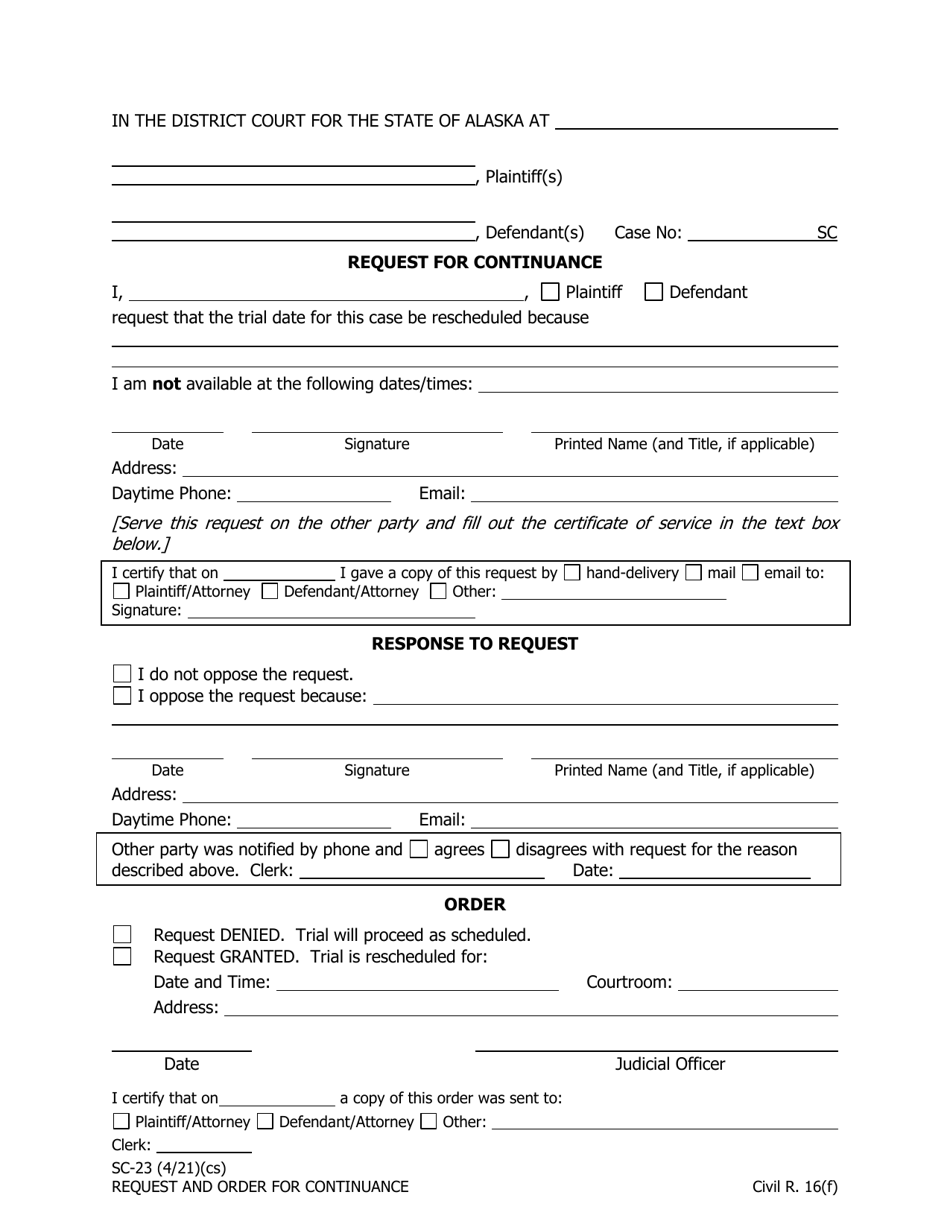 Form SC-23 Request for Continuance - Alaska, Page 1