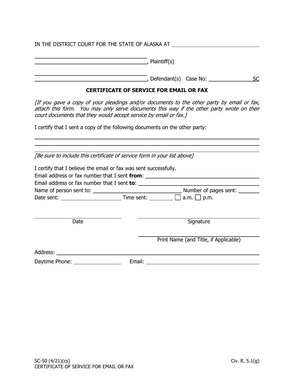 Form SC-50 Certificate of Service for Email or Fax - Alaska, Page 1