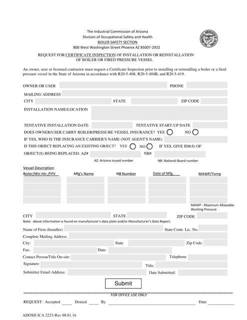 Form ADOSH ICA2223 Notice of Installation or Reinstallation of Boiler or Fired Pressure Vessel - Arizona