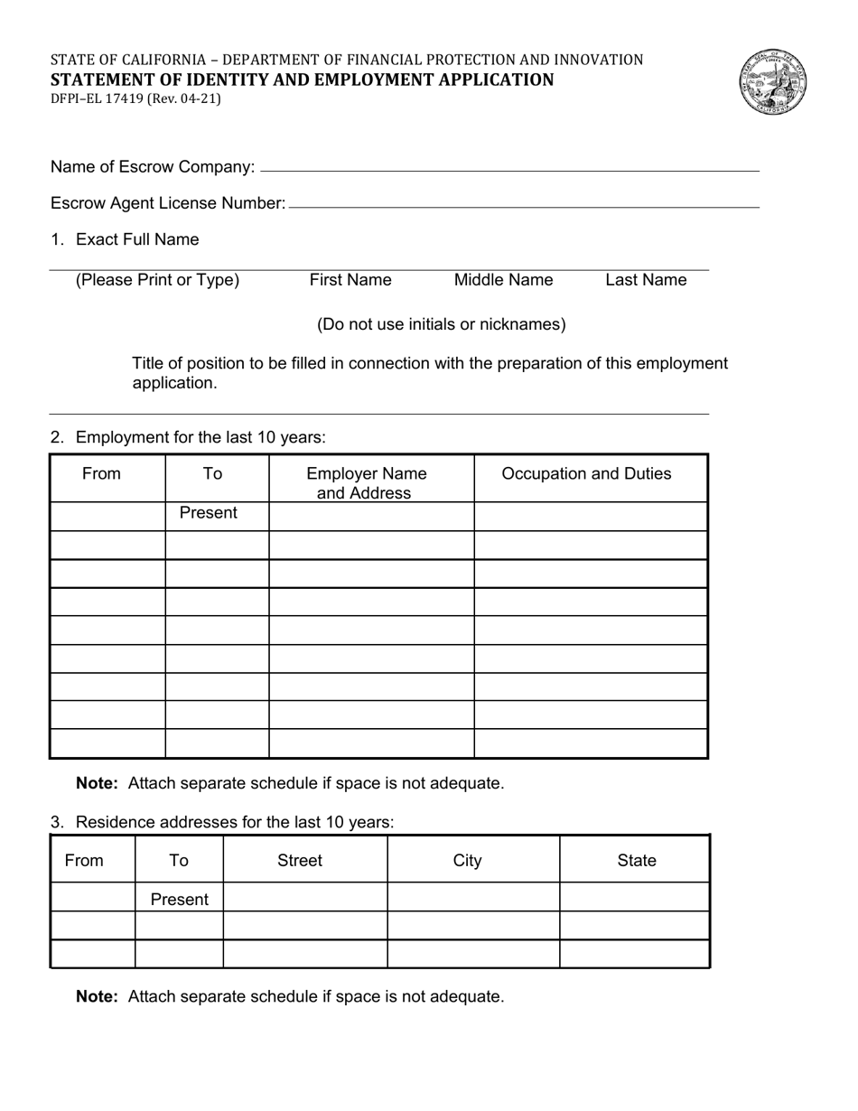 Form DFPI-EL17419 Statement of Identity and Employment Application - California, Page 1