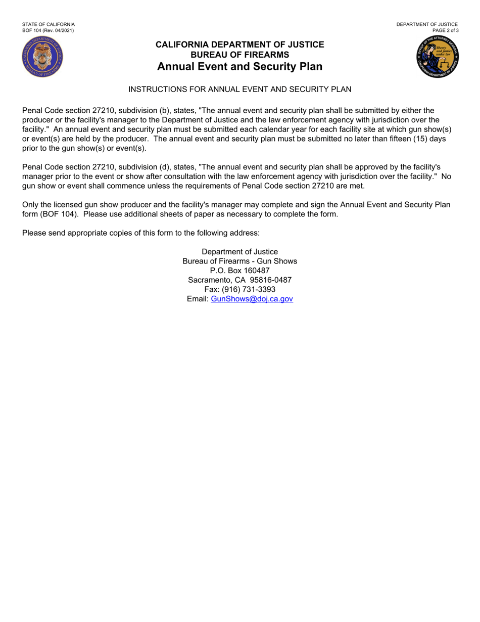 Form BOF104 Annual Event and Security Plan - California, Page 2