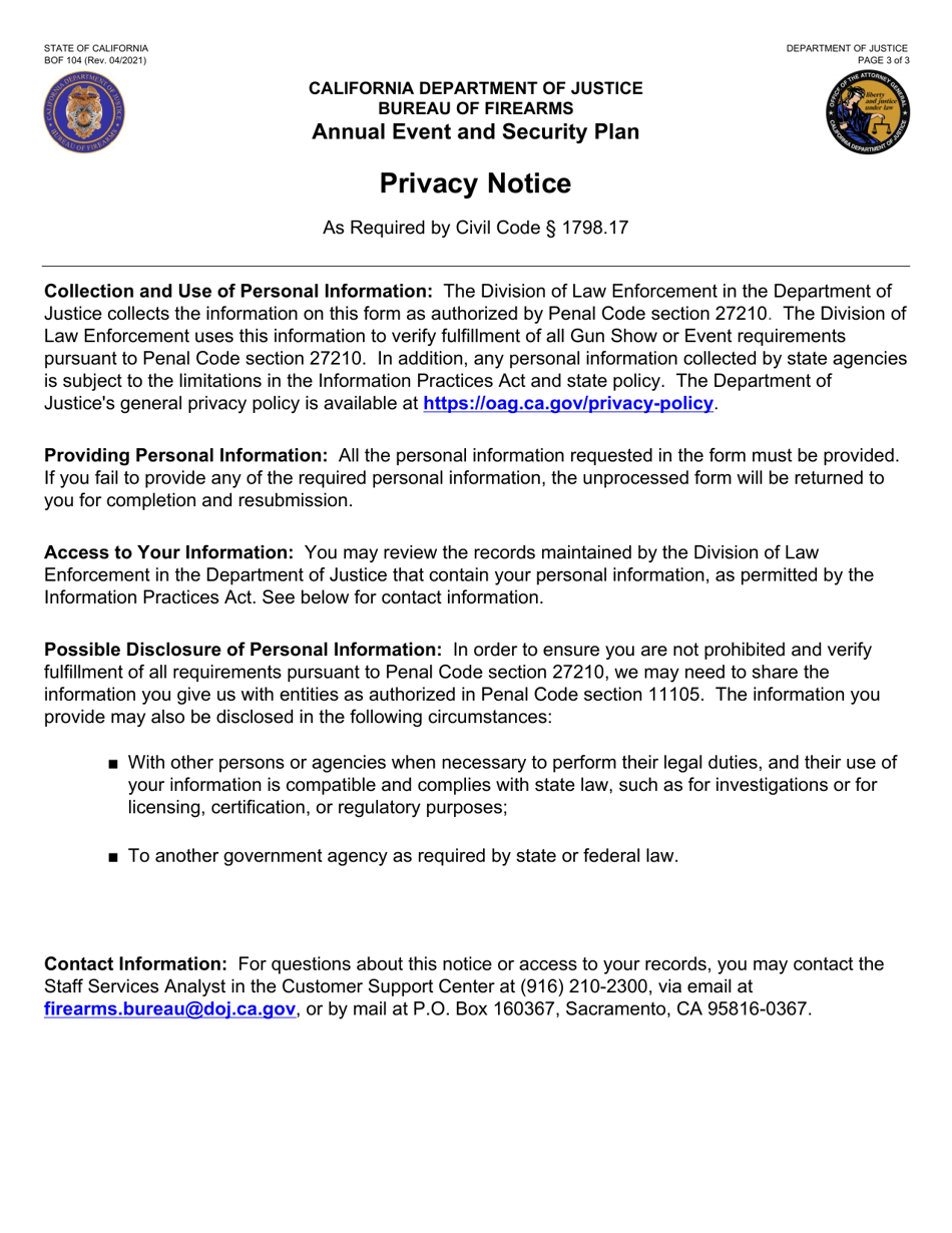 Form BOF104 Annual Event and Security Plan - California, Page 3