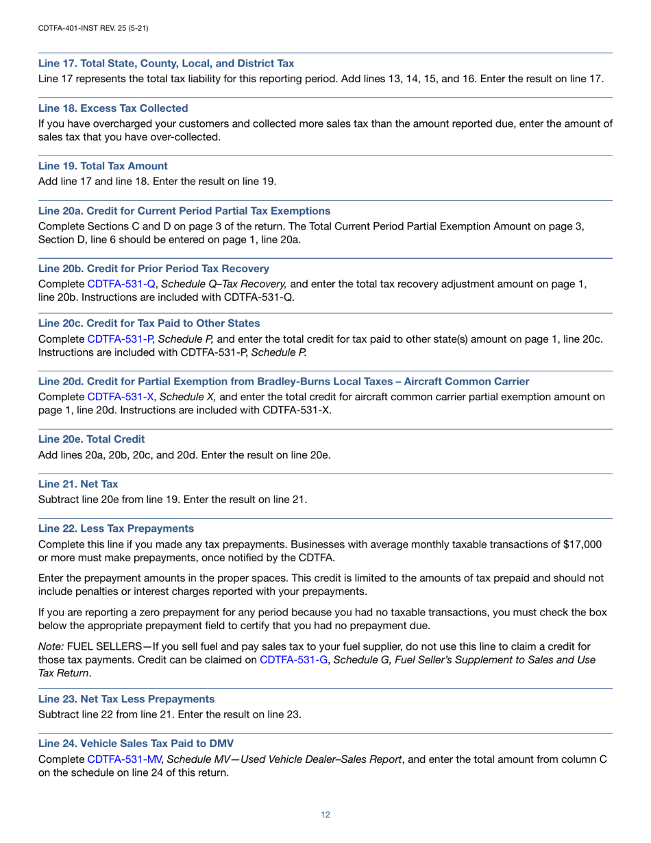 Instructions for Form CDTFA-401-A State, Local, and District Sales and Use Tax Return - California, Page 12
