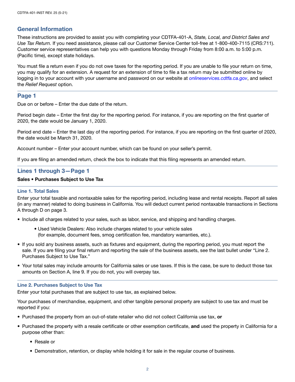 Instructions for Form CDTFA-401-A State, Local, and District Sales and Use Tax Return - California, Page 2