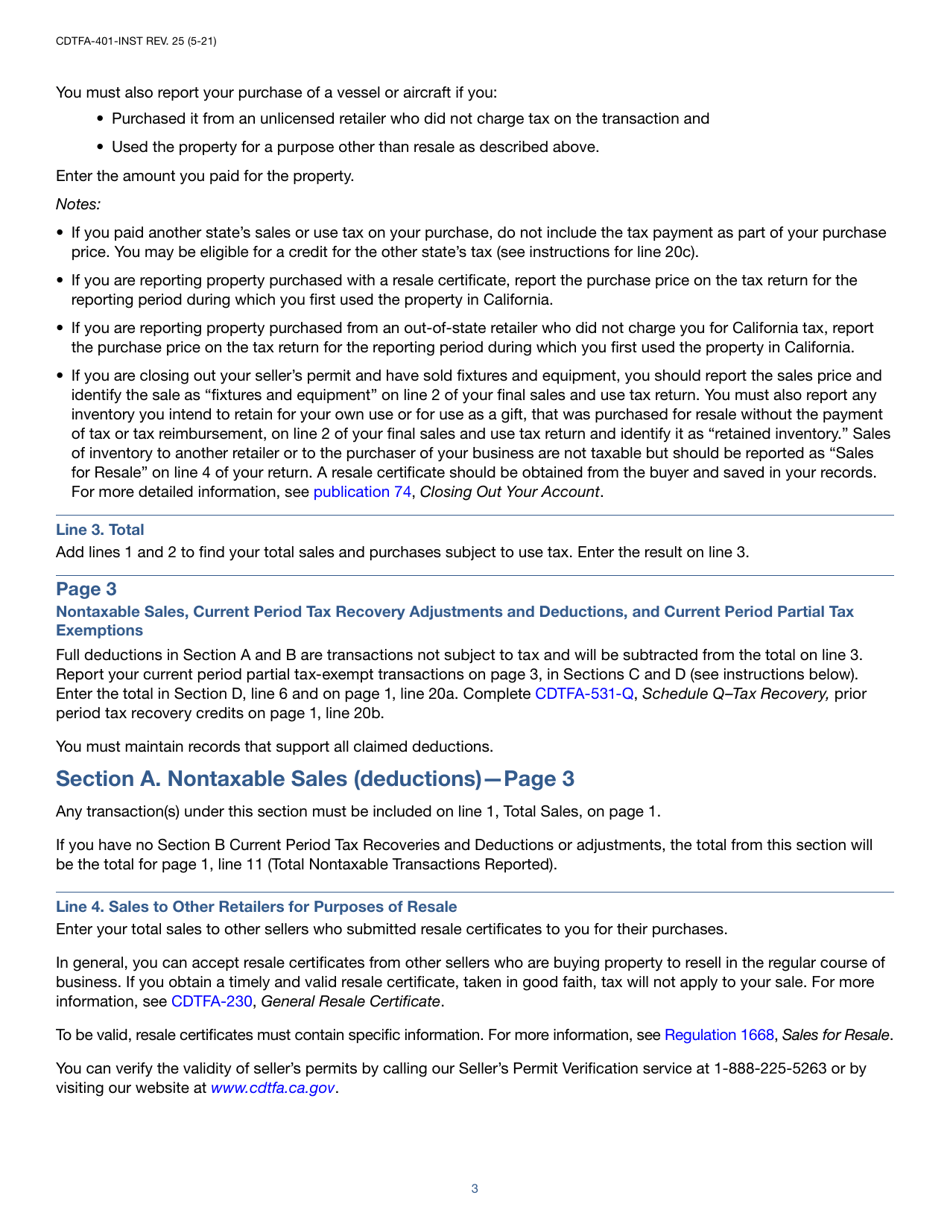 Instructions for Form CDTFA-401-A State, Local, and District Sales and Use Tax Return - California, Page 3