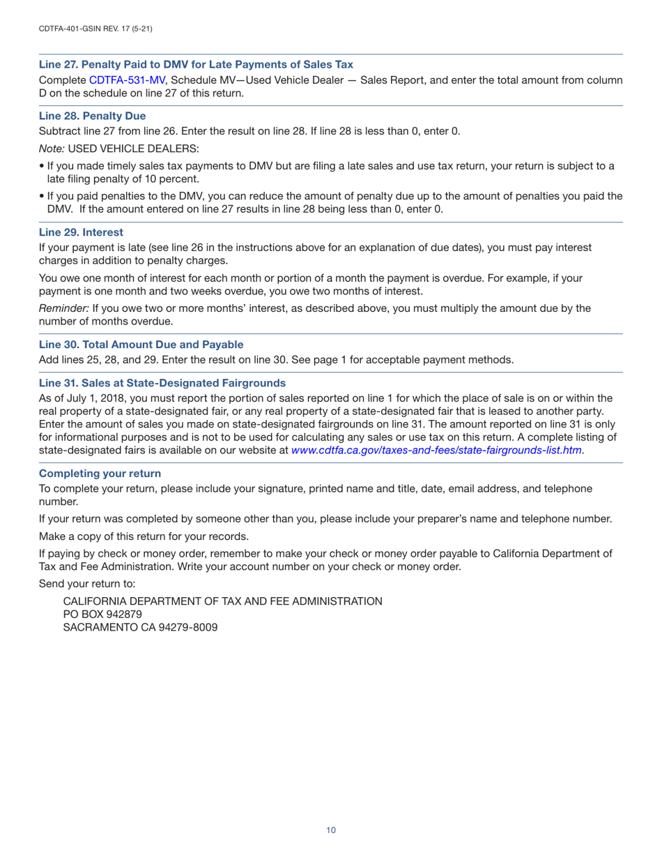Instructions for Form CDTFA-401-GS State, Local, and District Sales and Use Tax Return - California, Page 10