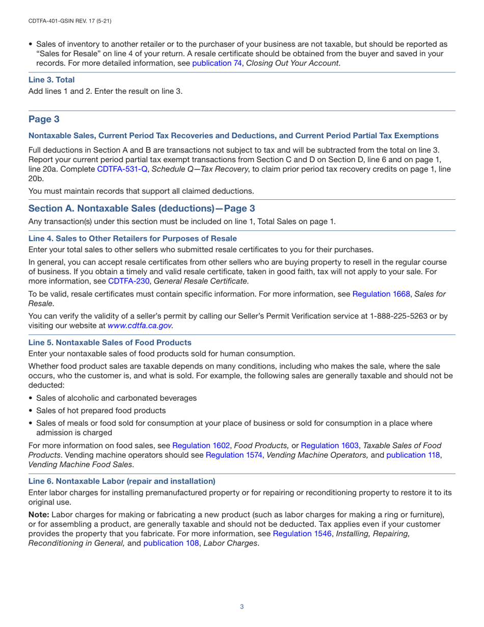 Instructions for Form CDTFA-401-GS State, Local, and District Sales and Use Tax Return - California, Page 3