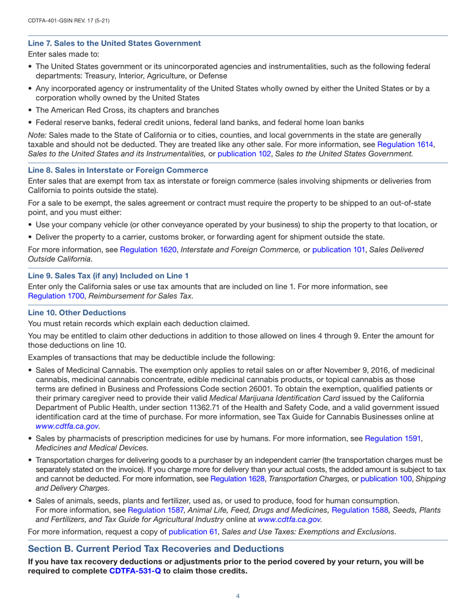Instructions for Form CDTFA-401-GS State, Local, and District Sales and Use Tax Return - California, Page 4