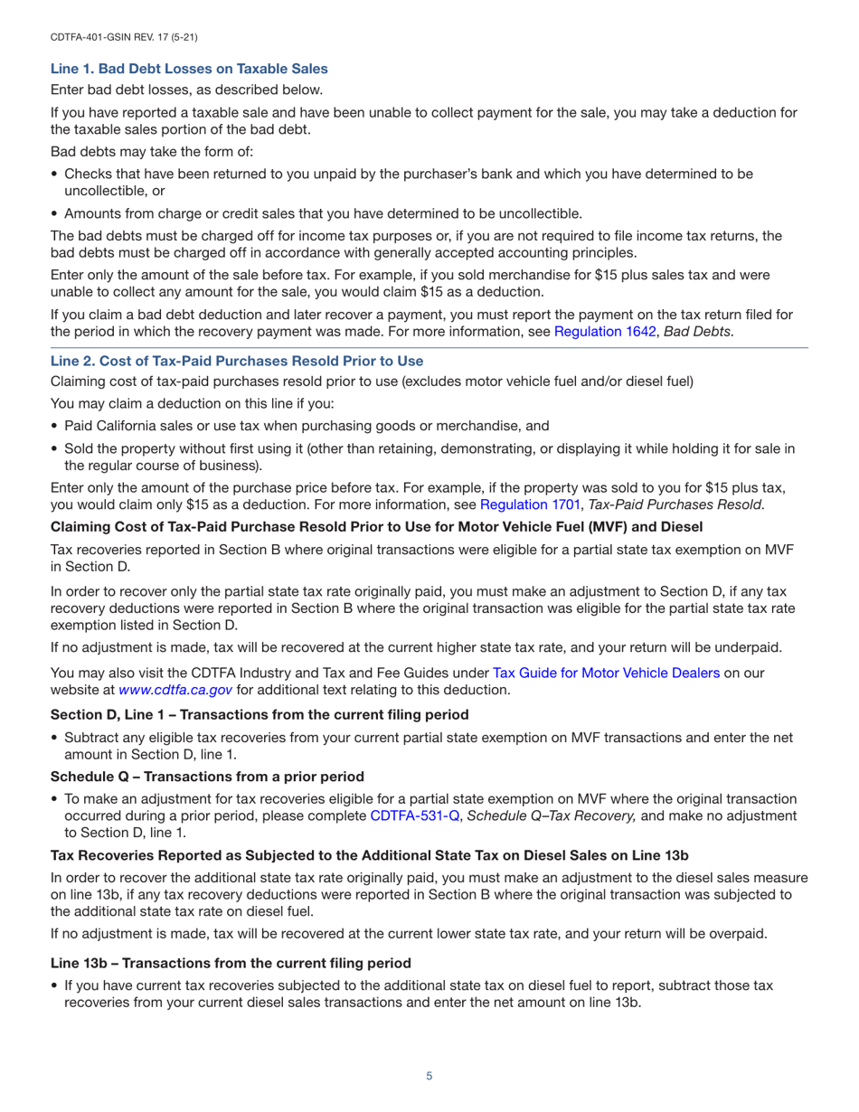 Instructions for Form CDTFA-401-GS State, Local, and District Sales and Use Tax Return - California, Page 5