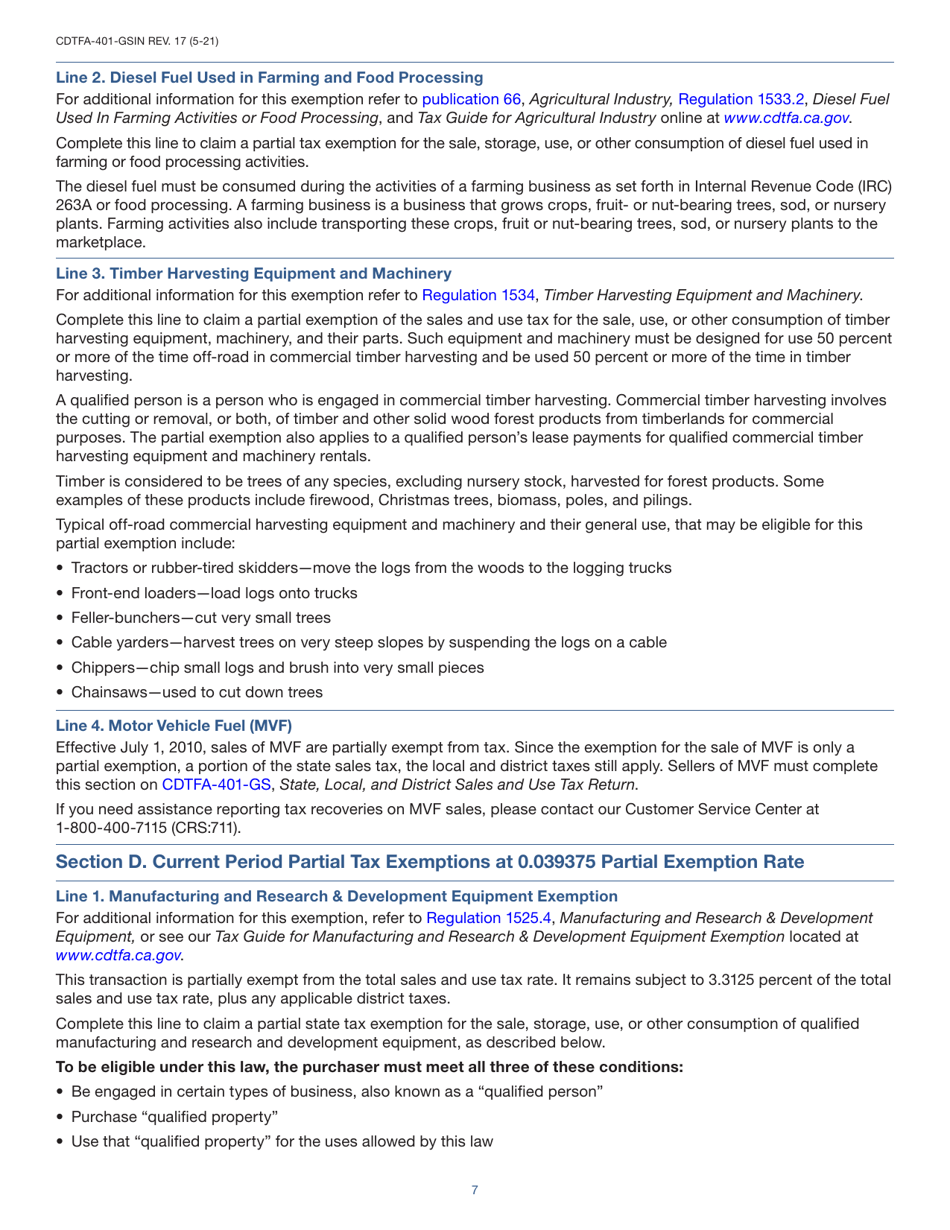 Instructions for Form CDTFA-401-GS State, Local, and District Sales and Use Tax Return - California, Page 7