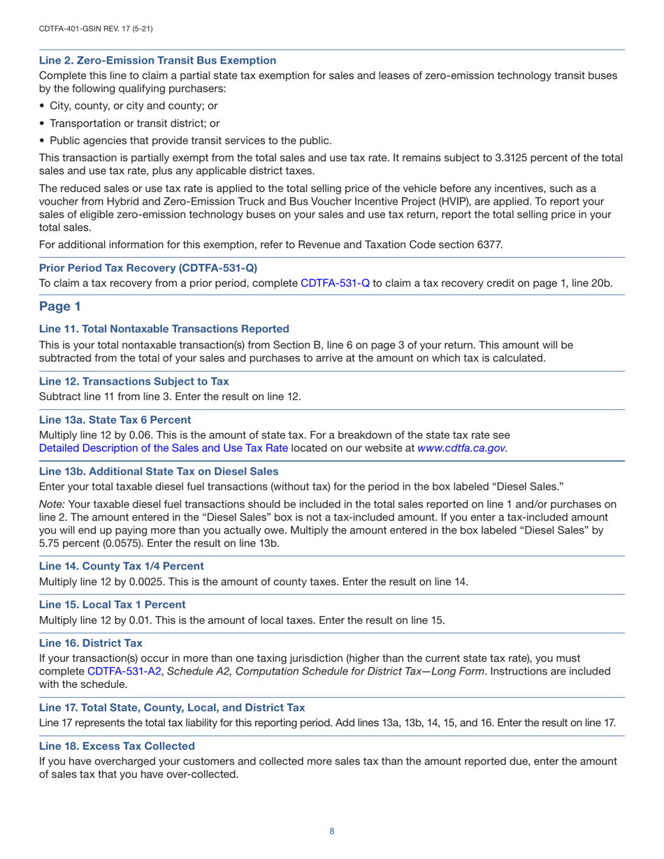 Instructions for Form CDTFA-401-GS State, Local, and District Sales and Use Tax Return - California, Page 8