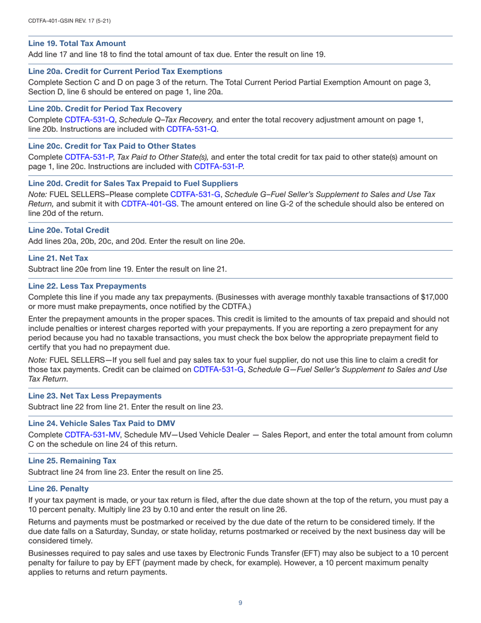 Instructions for Form CDTFA-401-GS State, Local, and District Sales and Use Tax Return - California, Page 9