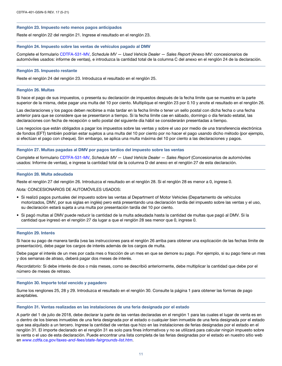 Instrucciones para Formulario CDTFA-401-GS-S Declaracion Del Impuesto Sobre Las Ventas Y El Uso Estatal, Local Y De Distrito - California (Spanish), Page 11