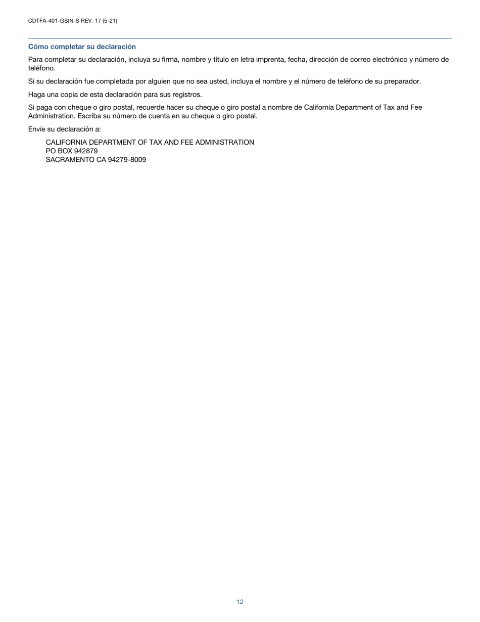 Instrucciones para Formulario CDTFA-401-GS-S Declaracion Del Impuesto Sobre Las Ventas Y El Uso Estatal, Local Y De Distrito - California (Spanish), Page 12