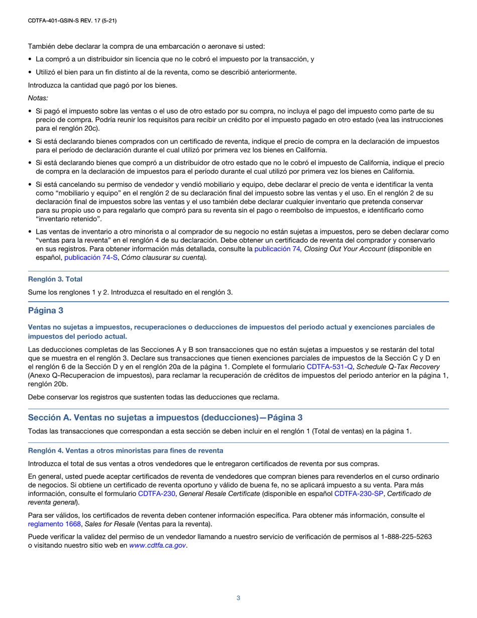 Instrucciones para Formulario CDTFA-401-GS-S Declaracion Del Impuesto Sobre Las Ventas Y El Uso Estatal, Local Y De Distrito - California (Spanish), Page 3