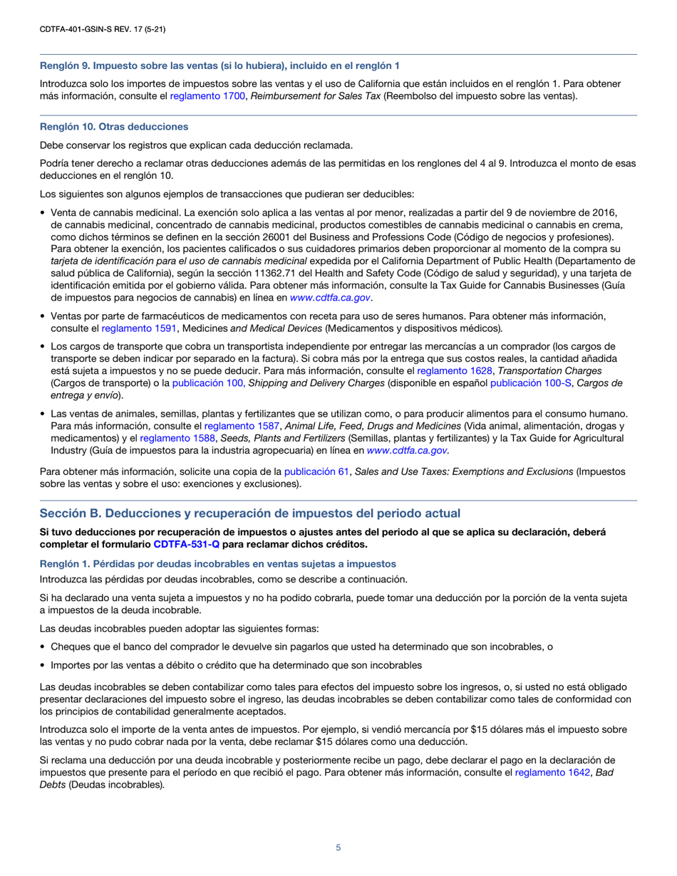Instrucciones para Formulario CDTFA-401-GS-S Declaracion Del Impuesto Sobre Las Ventas Y El Uso Estatal, Local Y De Distrito - California (Spanish), Page 5
