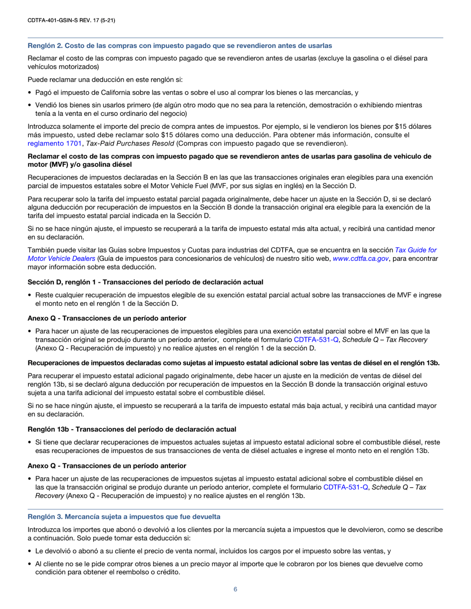 Instrucciones para Formulario CDTFA-401-GS-S Declaracion Del Impuesto Sobre Las Ventas Y El Uso Estatal, Local Y De Distrito - California (Spanish), Page 6