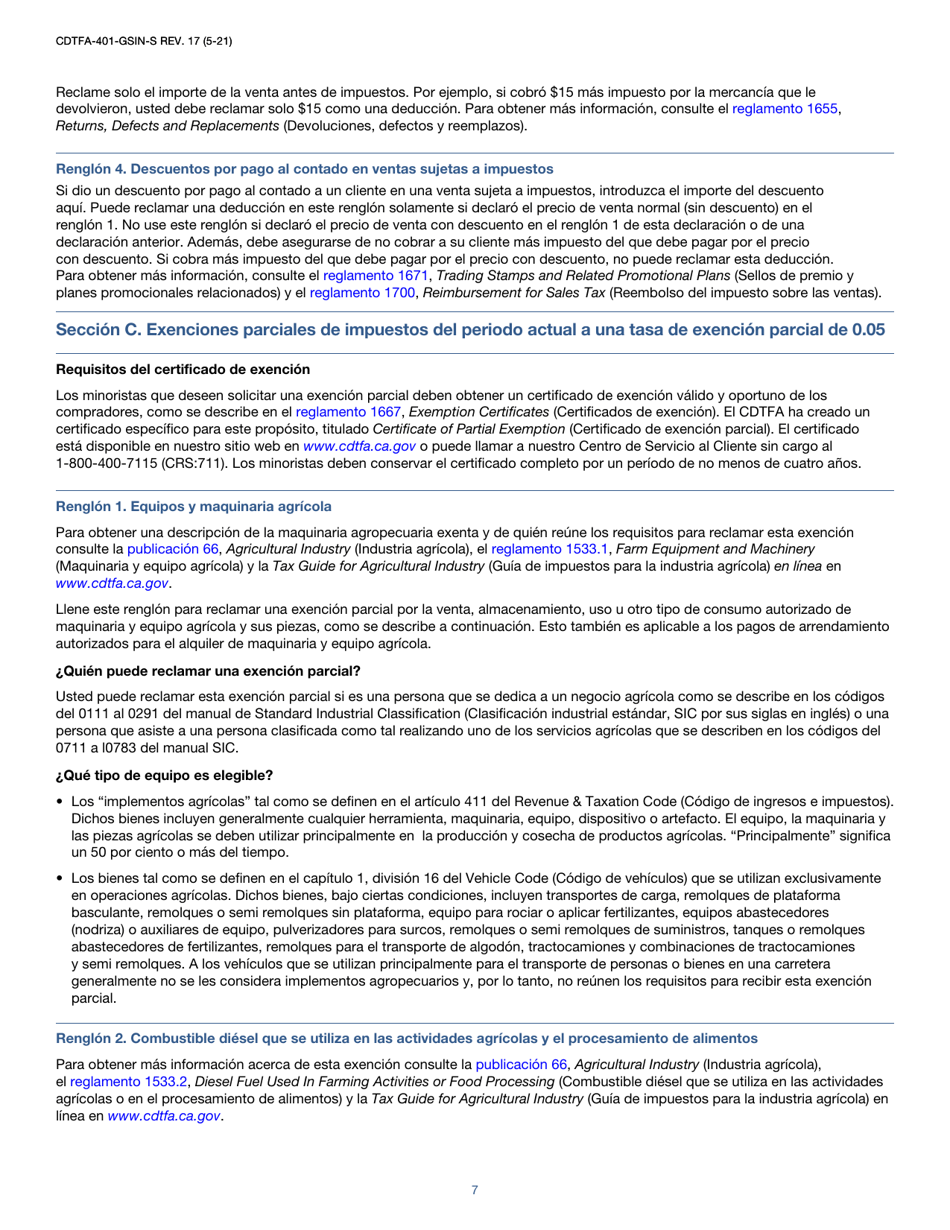 Instrucciones para Formulario CDTFA-401-GS-S Declaracion Del Impuesto Sobre Las Ventas Y El Uso Estatal, Local Y De Distrito - California (Spanish), Page 7