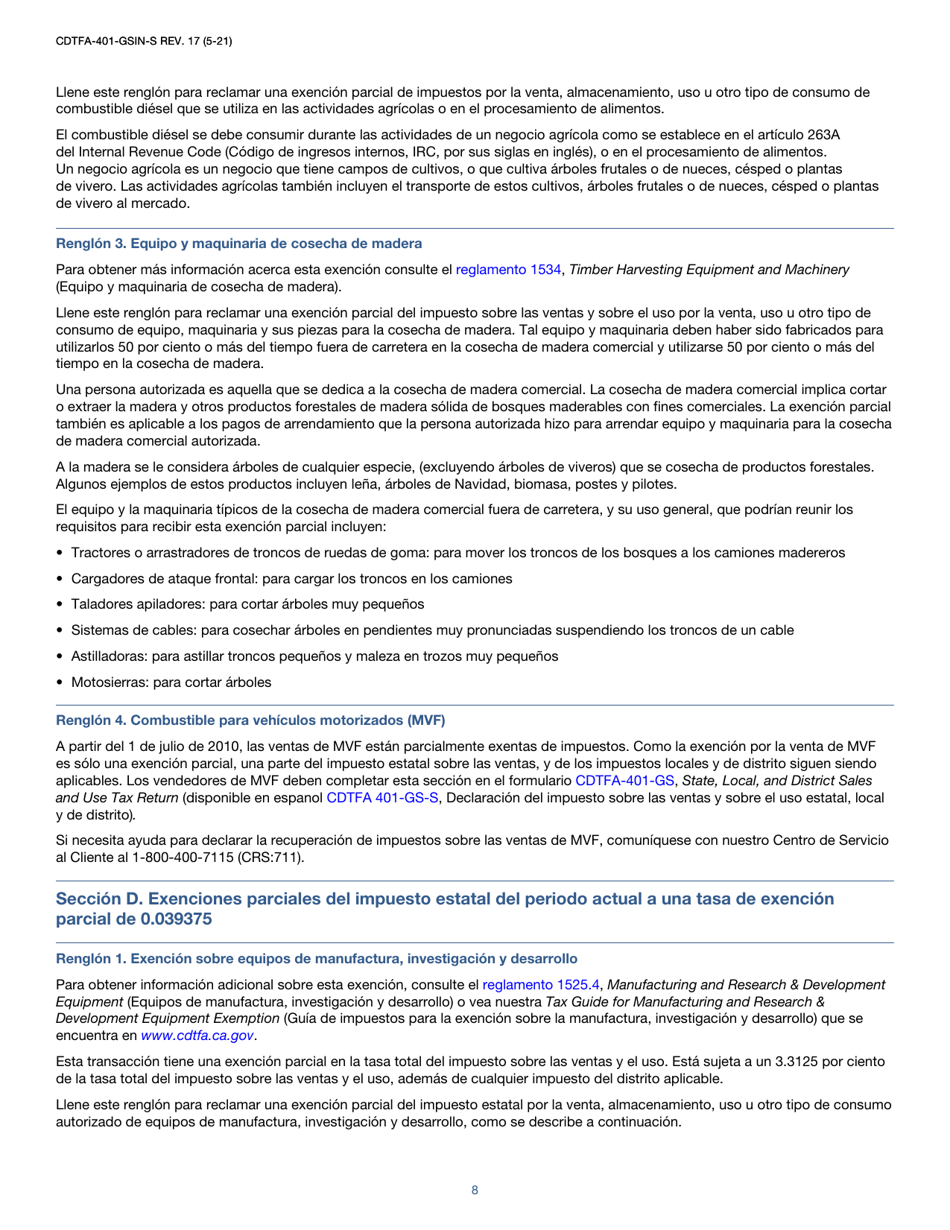 Instrucciones para Formulario CDTFA-401-GS-S Declaracion Del Impuesto Sobre Las Ventas Y El Uso Estatal, Local Y De Distrito - California (Spanish), Page 8