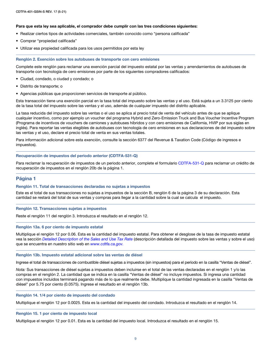 Instrucciones para Formulario CDTFA-401-GS-S Declaracion Del Impuesto Sobre Las Ventas Y El Uso Estatal, Local Y De Distrito - California (Spanish), Page 9
