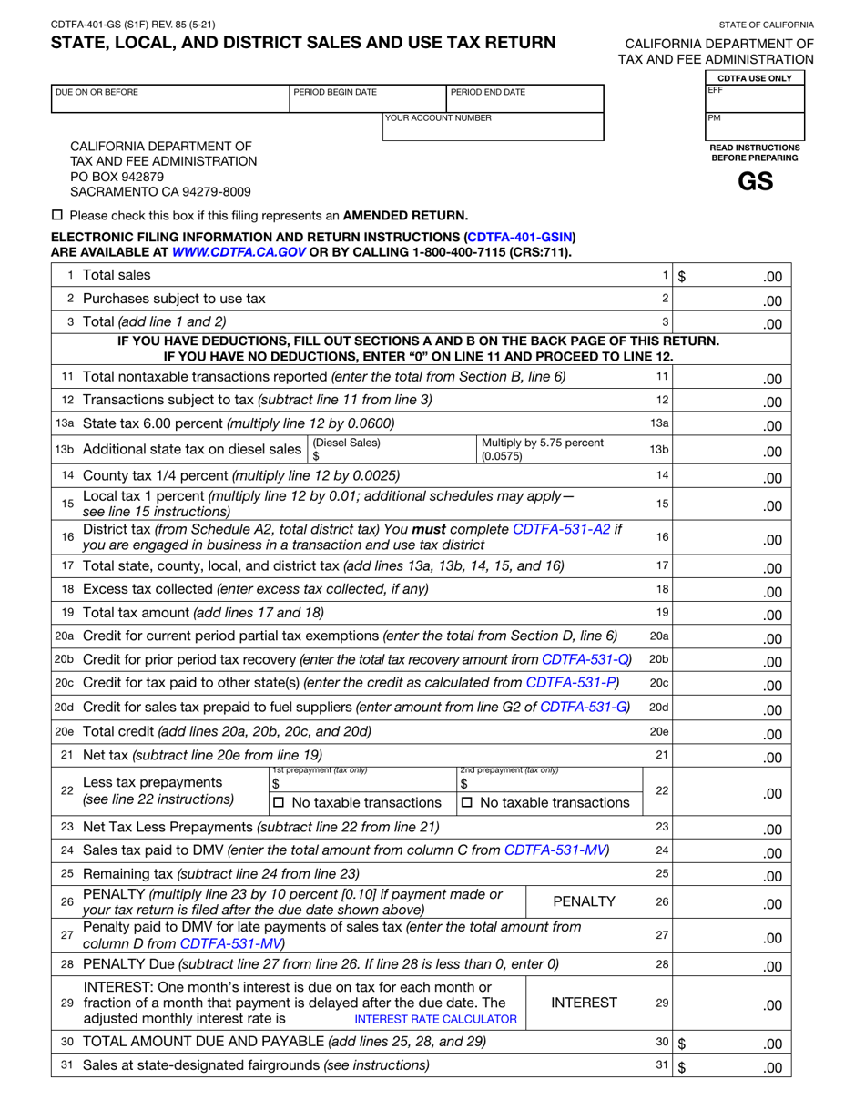 Form cdtfa 401 gs download fillable pdf or fill online state local