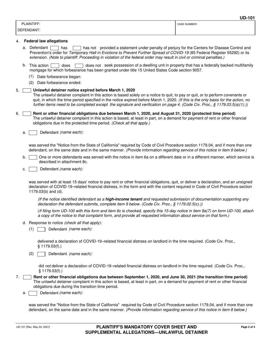 Form UD-101 Plaintiffs Mandatory Cover Sheet and Supplemental Allegations - Unlawful Detainer - California, Page 2