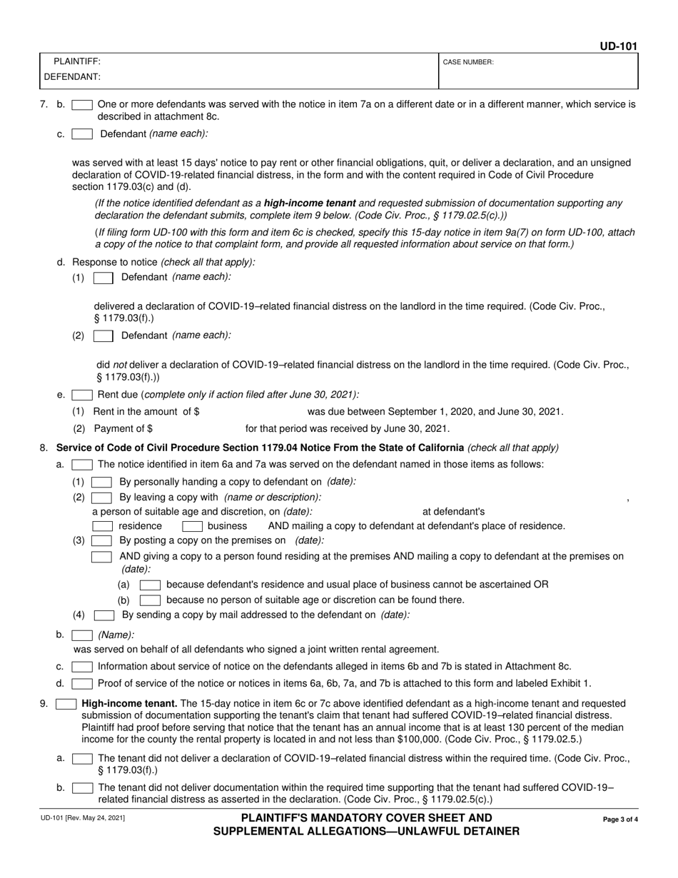 Form UD-101 Plaintiffs Mandatory Cover Sheet and Supplemental Allegations - Unlawful Detainer - California, Page 3