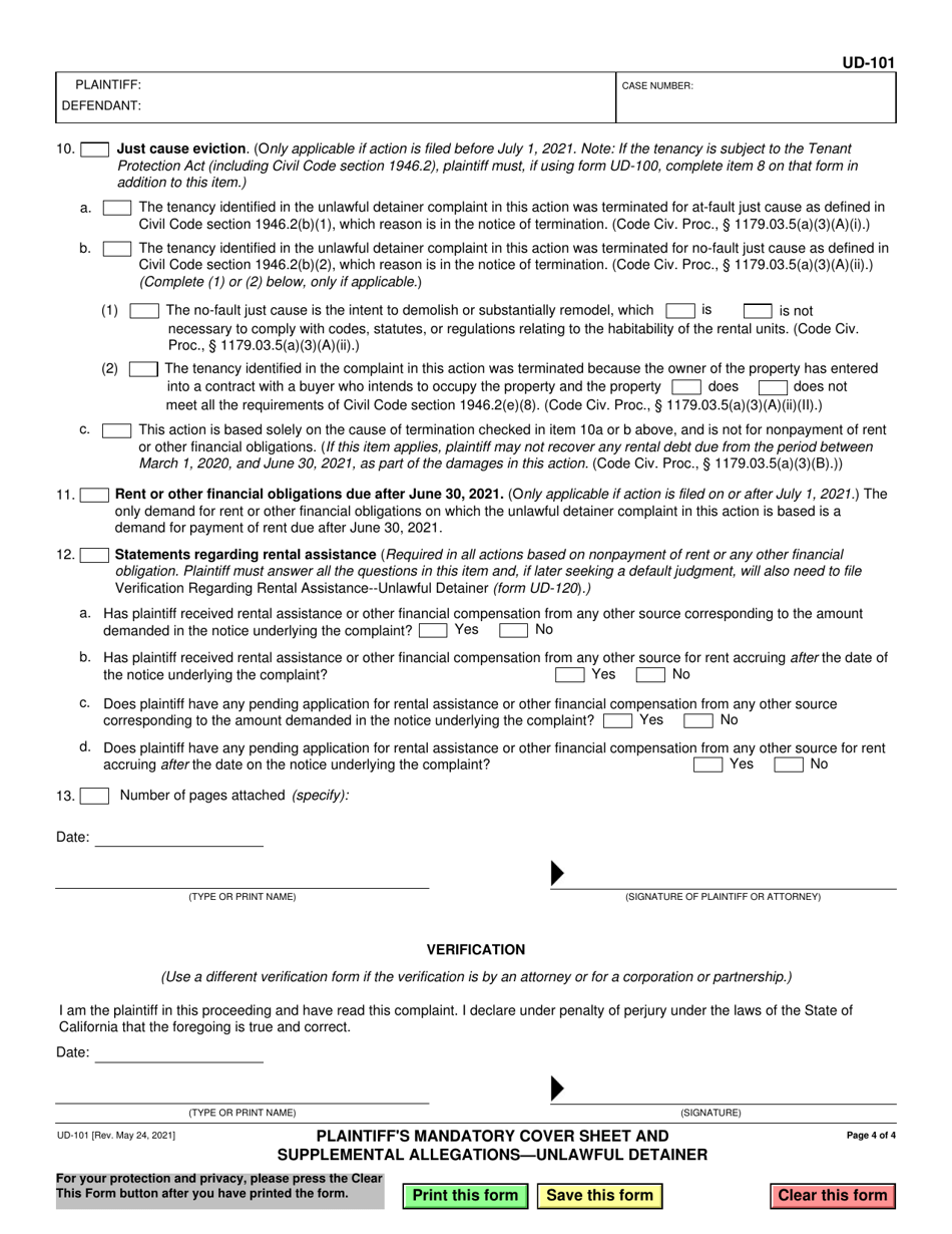 Form UD-101 Plaintiffs Mandatory Cover Sheet and Supplemental Allegations - Unlawful Detainer - California, Page 4