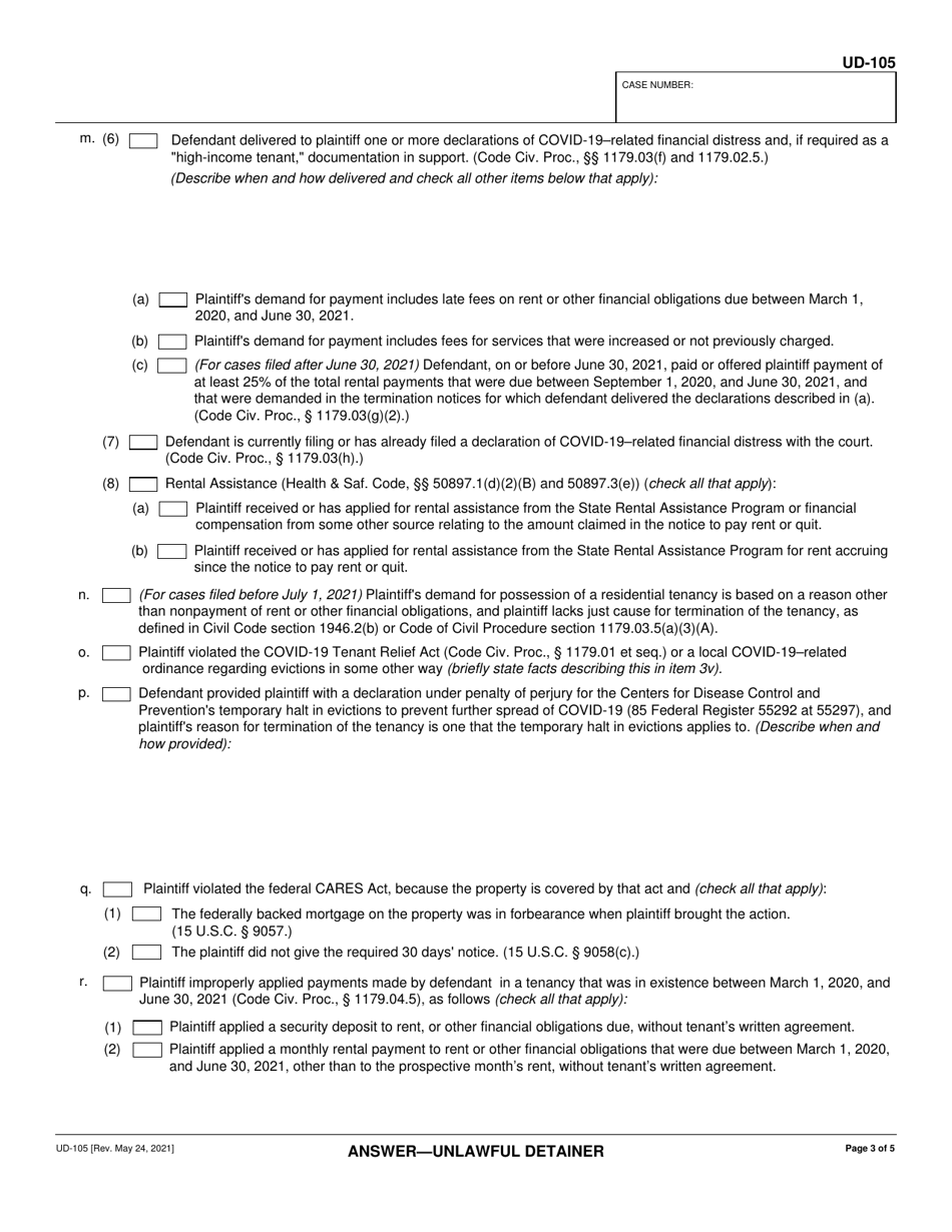 Form UD-105 Answer - Unlawful Detainer - California, Page 3
