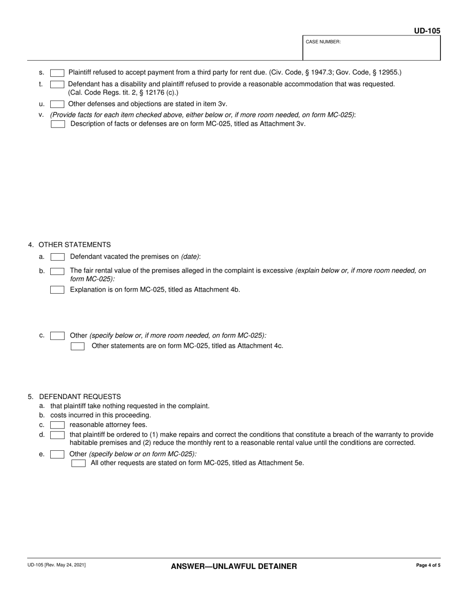 Form UD-105 Answer - Unlawful Detainer - California, Page 4