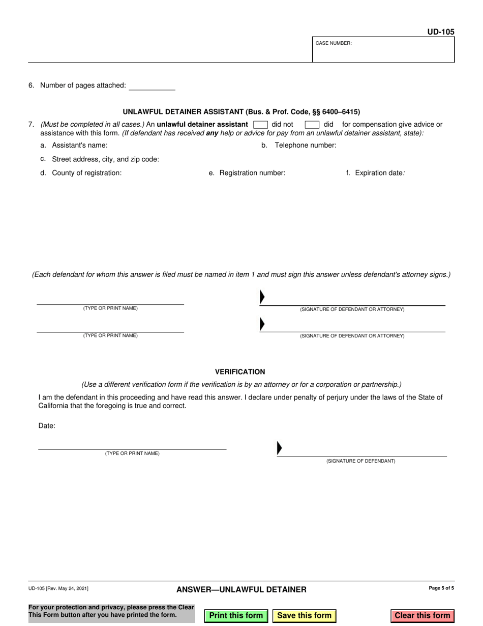 Form UD-105 Answer - Unlawful Detainer - California, Page 5