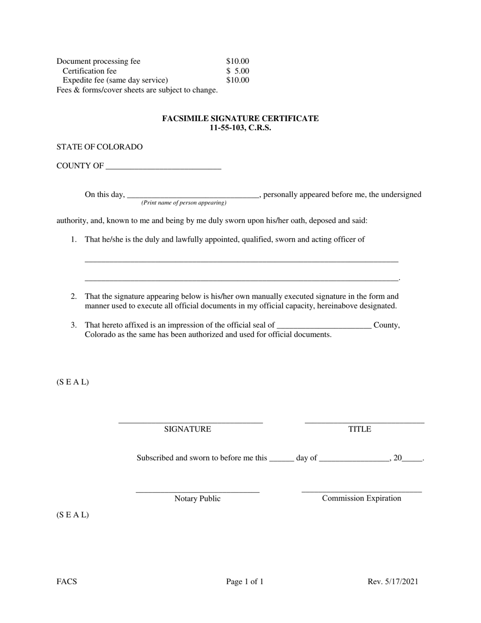 Facsimile Signature Certificate - Colorado, Page 1