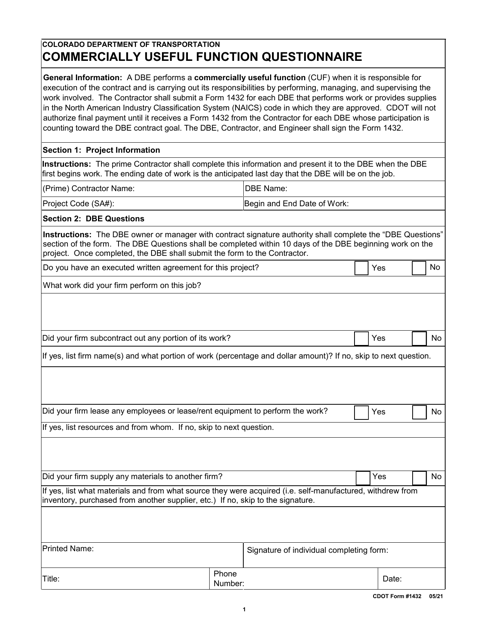 CDOT Form 1432  Printable Pdf