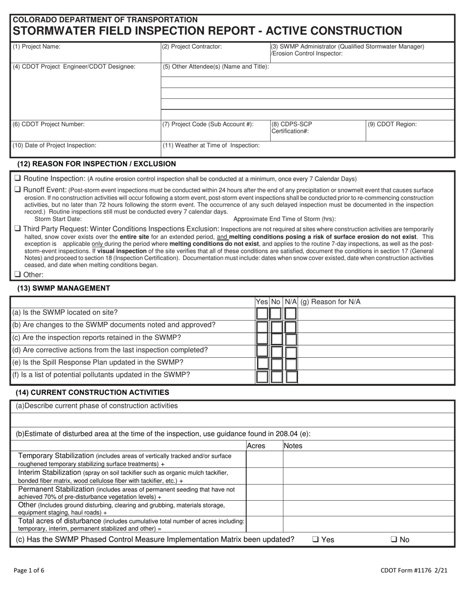 CDOT Form 1176 Stormwater Field Inspection Report - Active Construction - Colorado, Page 1