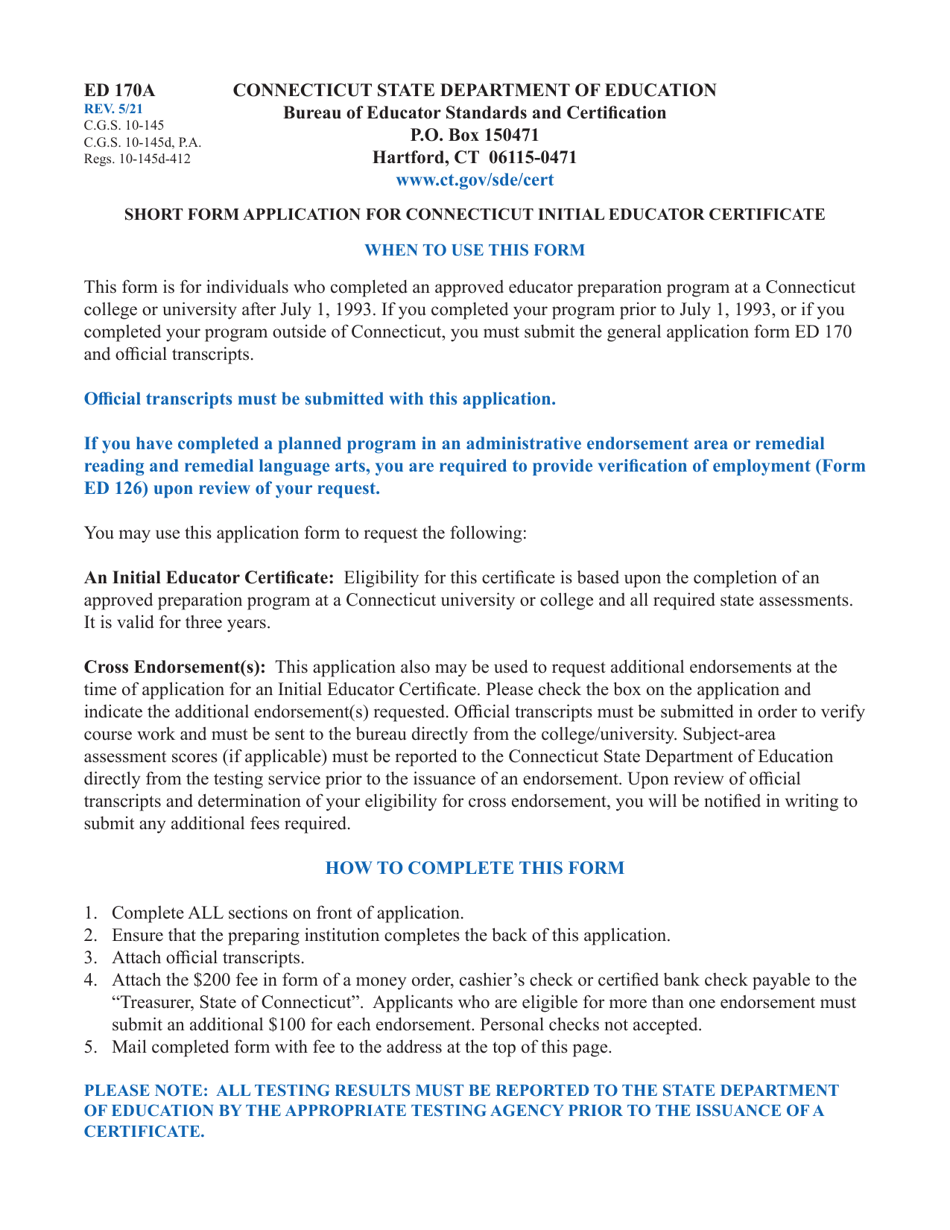 Form ED170A Short Form Application for Connecticut Initial Educator Certificate - Connecticut, Page 3