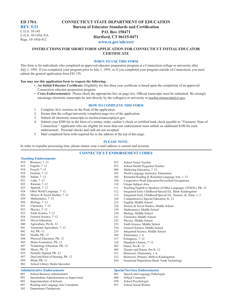 Form ED170A Short Form Application for Connecticut Initial Educator Certificate - Connecticut, Page 4