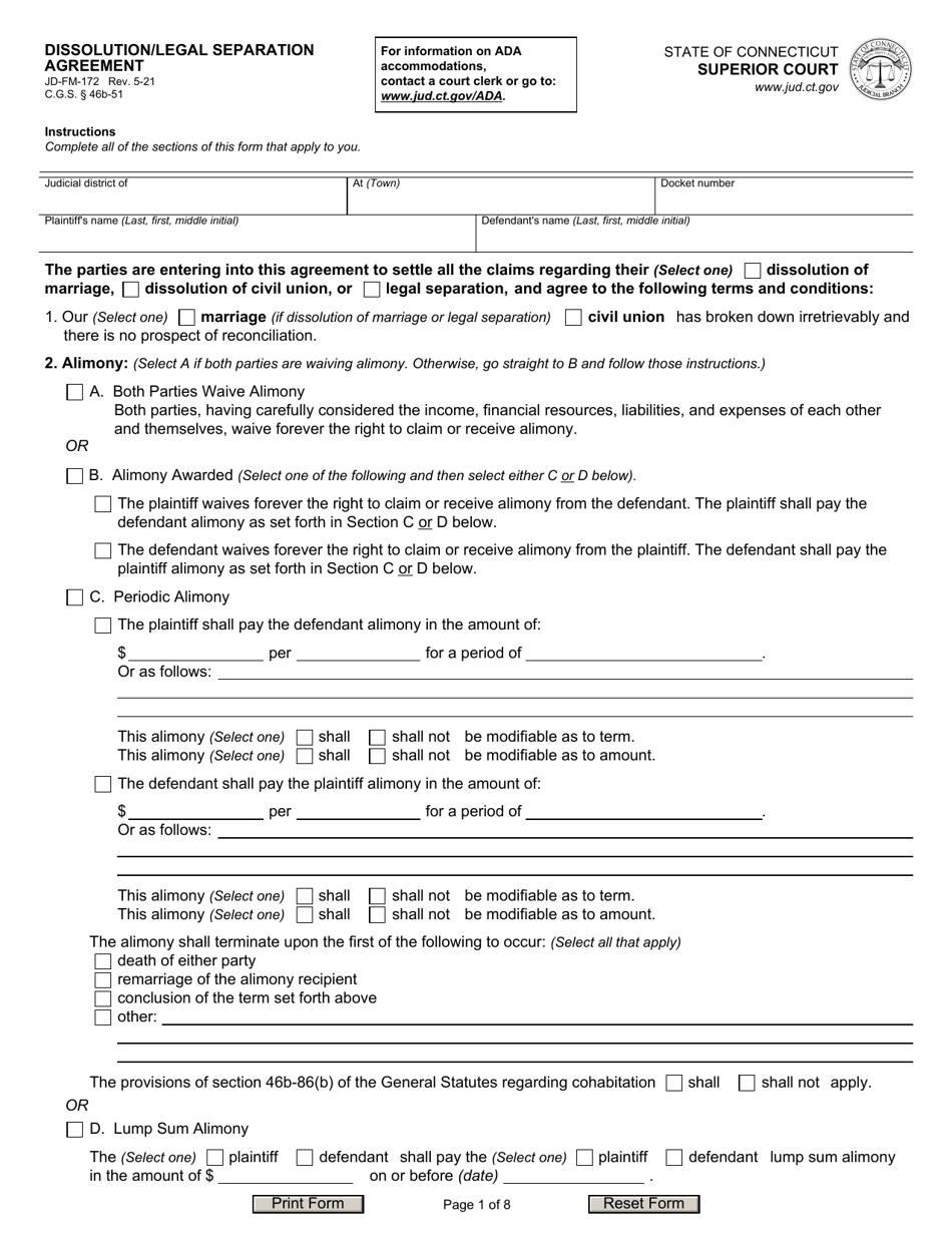 Form JD-FM-172 Dissolution / Legal Separation Agreement - Connecticut, Page 1