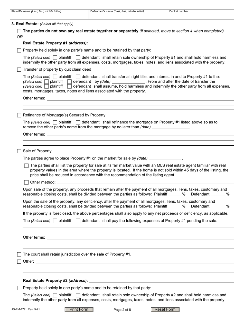 Form JD-FM-172 Dissolution / Legal Separation Agreement - Connecticut, Page 2