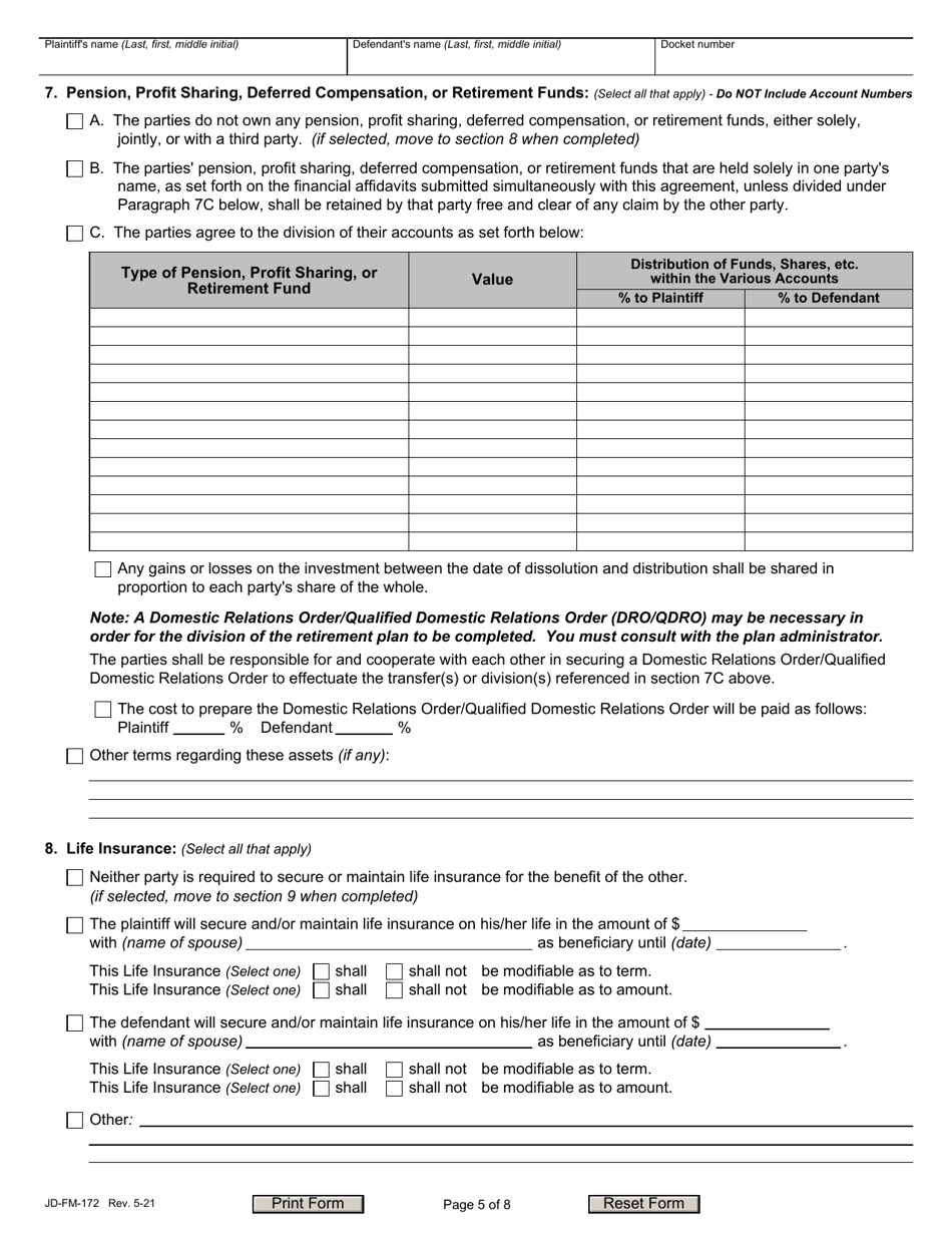 Form JD-FM-172 Dissolution / Legal Separation Agreement - Connecticut, Page 5