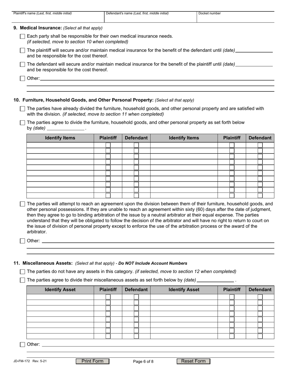 Form JD-FM-172 Dissolution / Legal Separation Agreement - Connecticut, Page 6