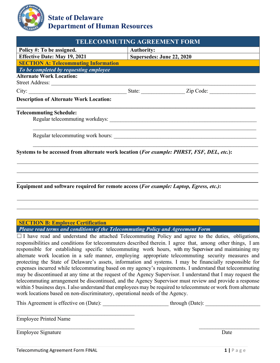 Telecommuting Agreement Form - Delaware, Page 1