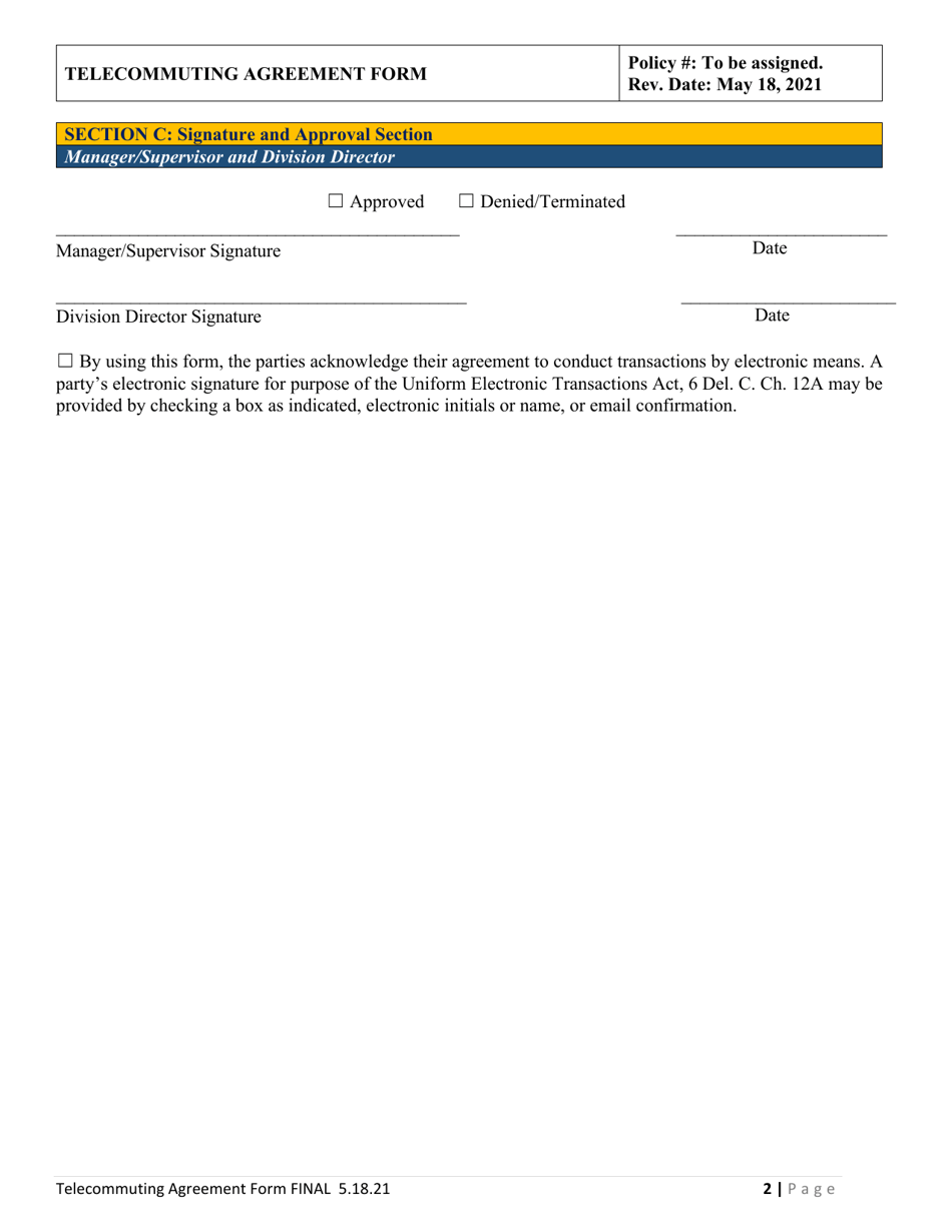 Telecommuting Agreement Form - Delaware, Page 2