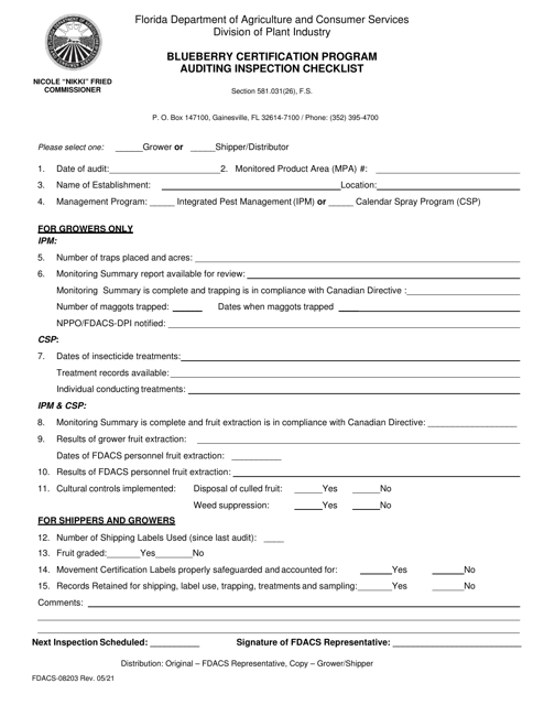 Form FDACS-08203 Blueberry Certification Program Auditing Inspection Checklist - Florida