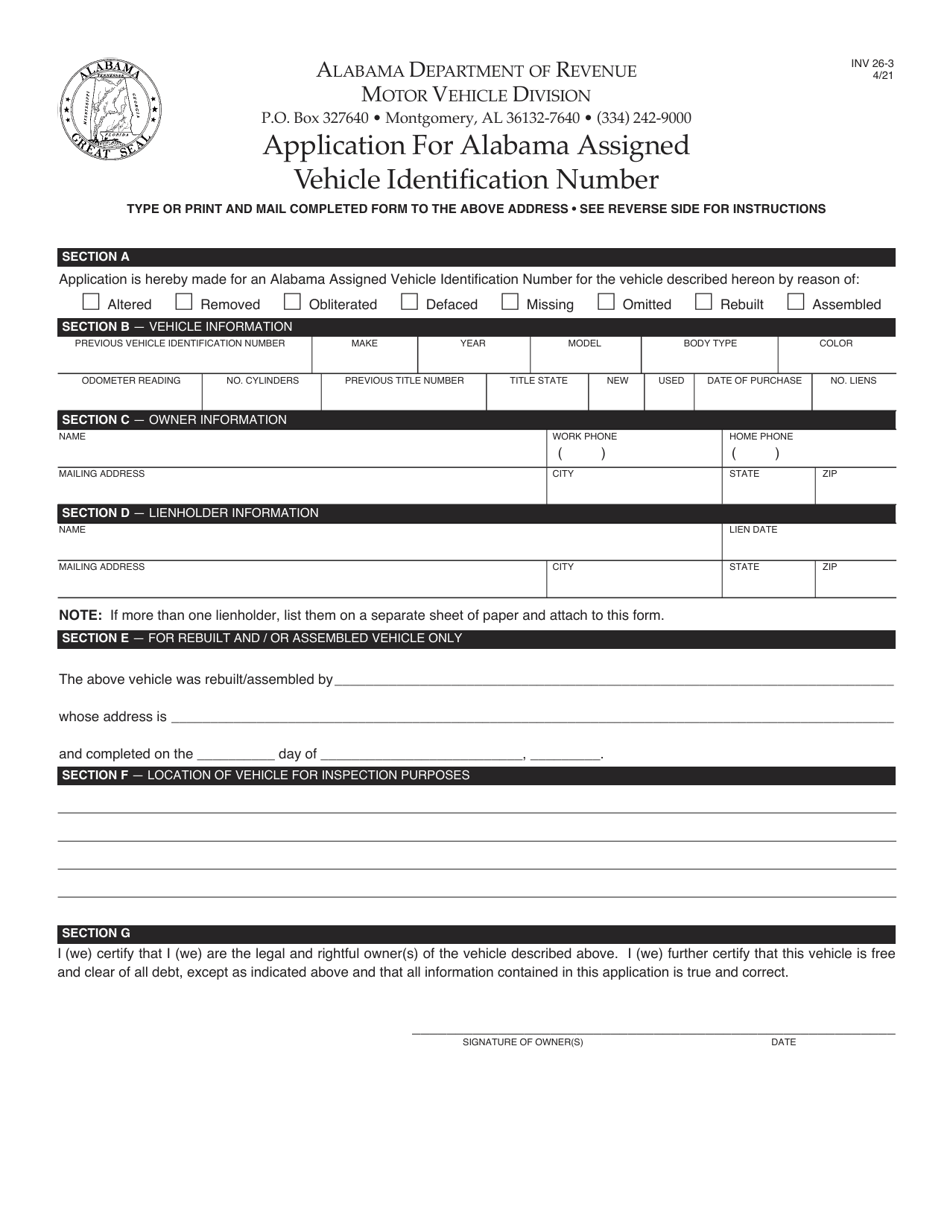 Form INV26-3 Application for Alabama Assigned Vehicle Identification Number - Alabama, Page 1