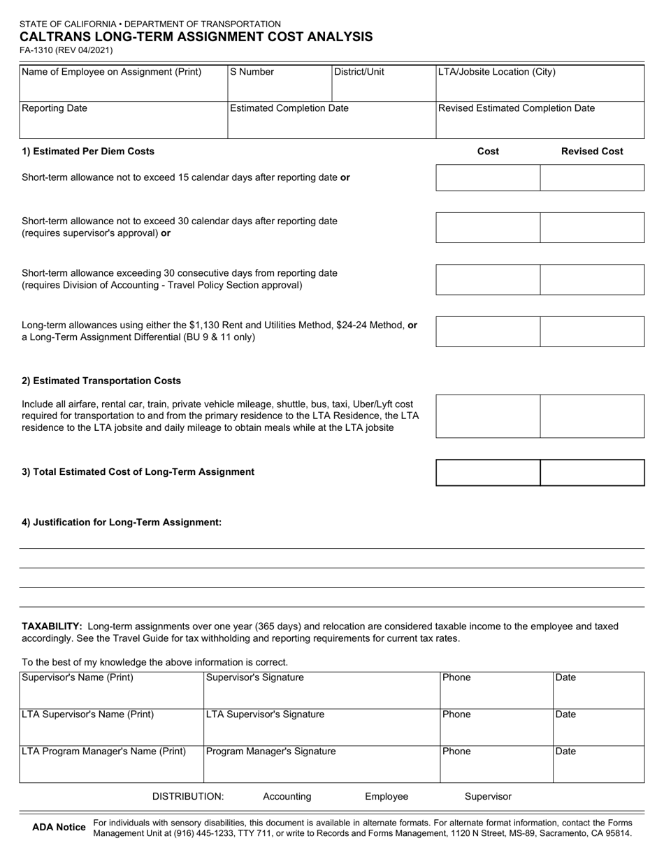 Form Fa 1310 Download Fillable Pdf Or Fill Online Caltrans Long Term Assignment Cost Analysis 3419