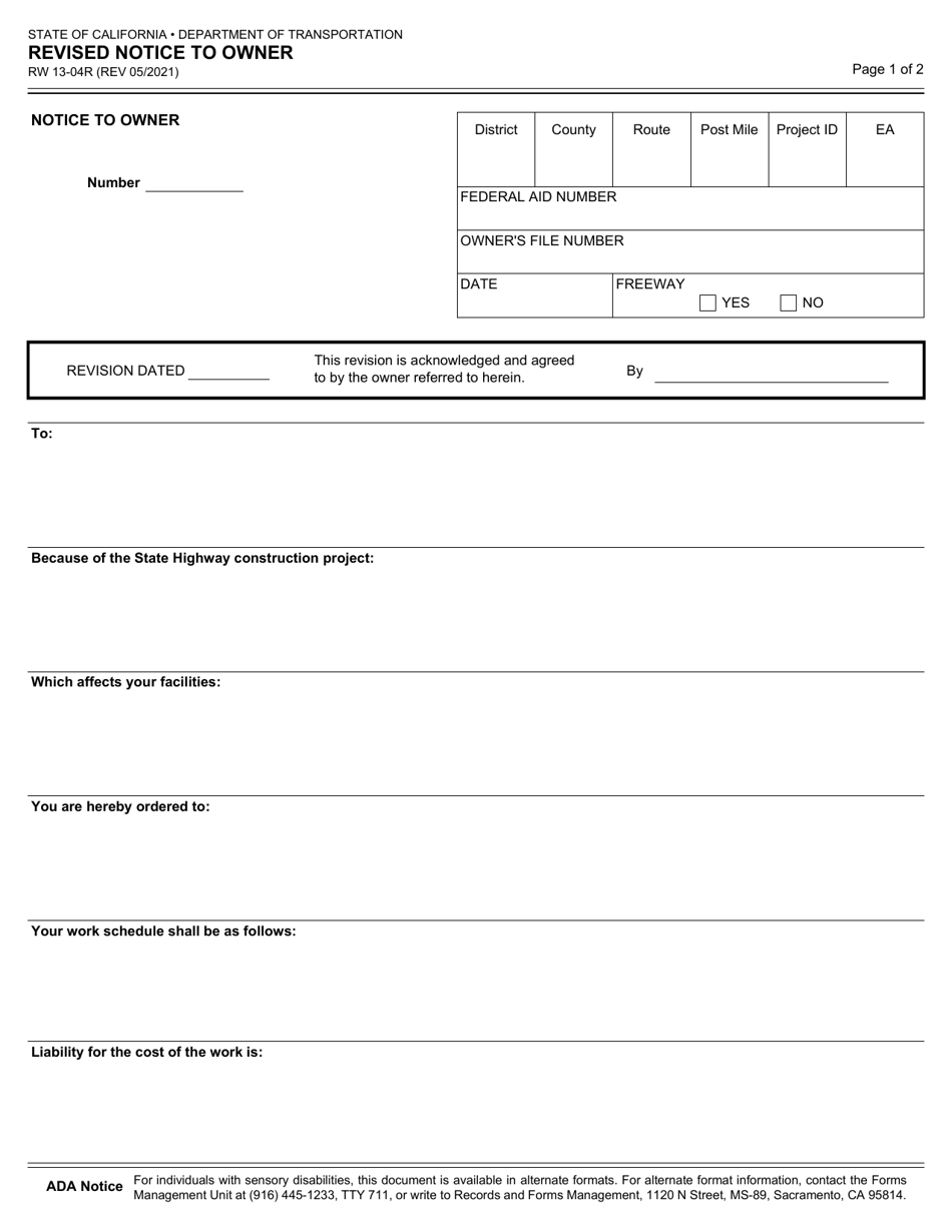 Form RW13-04R Revised Notice to Owner - California, Page 1